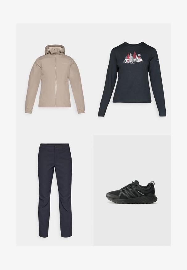Beige waterproof jacket with a zip front, adjustable hood, elastic cuffs, and the brand logo on the upper left side. Smooth texture.; Long-sleeve dark gray shirt with a graphic of red trees and mountains; "COLUMBIA" logo in bold white text. Soft fabric, standard crew neck.; Navy blue pants made of smooth fabric, featuring a front button closure, slim-fit design, and creased detailing at the knees.; Columbia PEAKFREAK - Hiking shoes - black