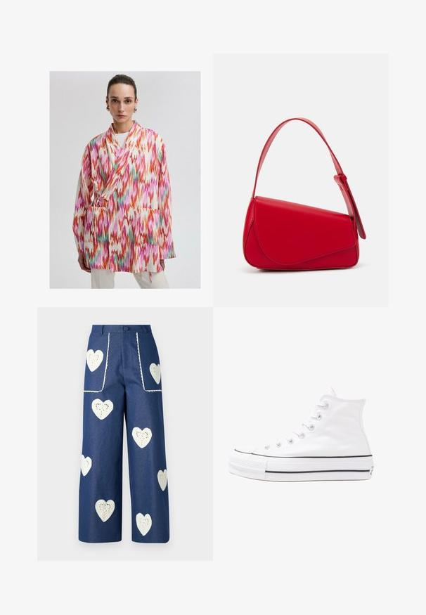 Giacca kimono leggera e colorata, con motivi a zigzag arancioni, rosa e verdi. Include tasche laterali e chiusura con legature.; Blusa floreale con maniche puff lunghe, base di un chiaro crema, caratterizzata da motivi floreali in viola, arancione e verde, con un classico design del colletto.; Sister Jane HEART TO HEART - Jeans a sigaretta - blue denim; Sneaker alta in tela bianca con suola in gomma nera, punta in gomma frontale e sei asole per i lacci, caratterizzata da un design pulito e minimalista.; Borsa a tracolla in pelle rossa con un design angolare e geometrico. Presenta una singola tracolla regolabile e una chiusura a patta con dettagli cuciti.