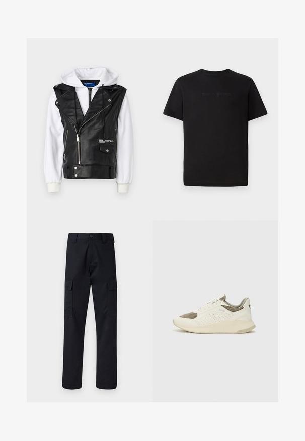 Colete de pele sintética preto com mangas de moletom brancas, frente com fecho éclair e bolsos. Apresenta um colarinho pontudo e detalhes de logótipo no peito.; Lacoste T-shirt básica - black; Calças cargo pretas feitas de tecido resistente, com corte de perna direita, dois bolsos laterais e fecho de botão na cintura.; Sapatilha atlética branca e bege claro, com parte superior em malha, detalhes perfurados e uma entressola texturizada com marcação no calcanhar.