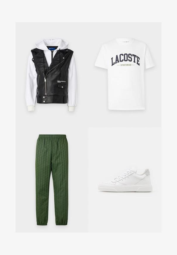 Gilet en simili cuir noir avec des manches de sweat à capuche blanches, fermeture éclair à l'avant et poches. Il présente un col pointu et des détails de logo sur la poitrine.; T-shirt blanc en coton avec un logo "LACOSTE SPORTSWEAR" en vert marine et vert olive imprimé sur la poitrine dans un design courbé.; Pantalons de sport verts à motif avec une taille élastique, jambes effilées et un design géométrique. Fabriqués en matériau léger.; Des baskets en cuir blanc avec une finition lisse, un bout rond, des lacets plats et une semelle texturée. Accents en daim gris au niveau du talon.