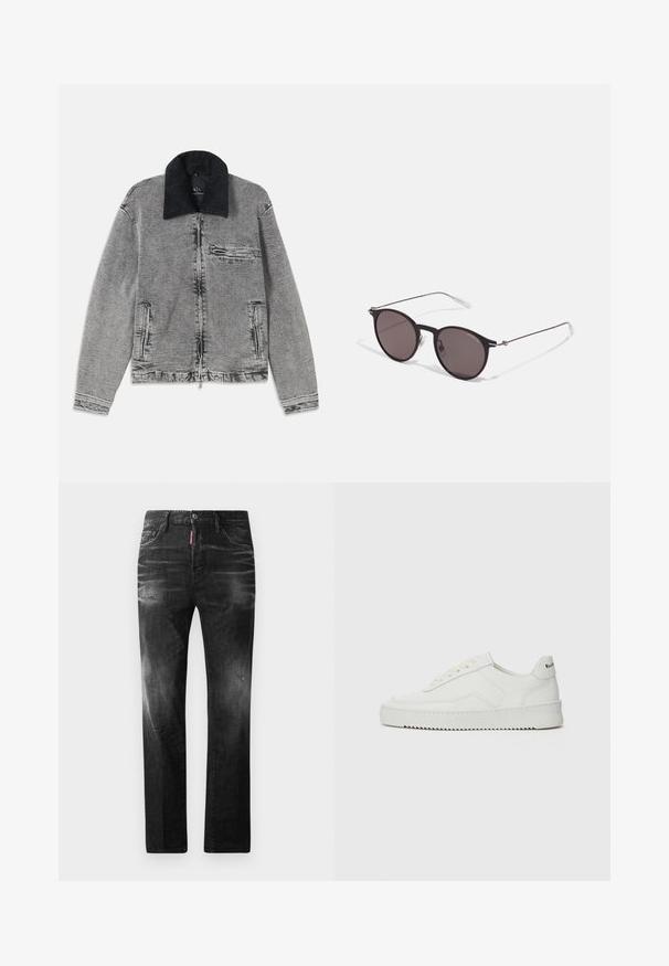 Pilkas džinsinis švarkas su juodu veliūro apykakle, užtrauktuko uždarymu, viena krūtine kišene ir dviem šoninėmis kišenėmis. Tekstūruota medžiaga su subtiliu blukimu.; Juodas medvilninis marškinėliai su apvaliu iškirpu, trumpomis rankovėmis ir baltu "EMPORIO ARMANI" logotipu virš "Milano" kreivame dizaino.; Juodi džinsai su tiesiu kirpimu. Spalvoti svyrantys plotai, šiek tiek sugadinti, klasikinis penkių kišenių dizainas ir mygtuko uždarymas.; Balti odiniai sportiniai bateliai su lygia apdaila, apvaliu pirštu, plokščiais raišteliais ir tekstūruotu padu. Pasižymi subtiliu logotipu ant kulno.; Juodos apvalios saulės akinių su tamsiais lęšiais ir plonomis metalinėmis šakomis. Įtraukti skaidrūs šventyklų galai ir sidabriniai akcentai vyrio srityje. Minimalistinis dizainas.