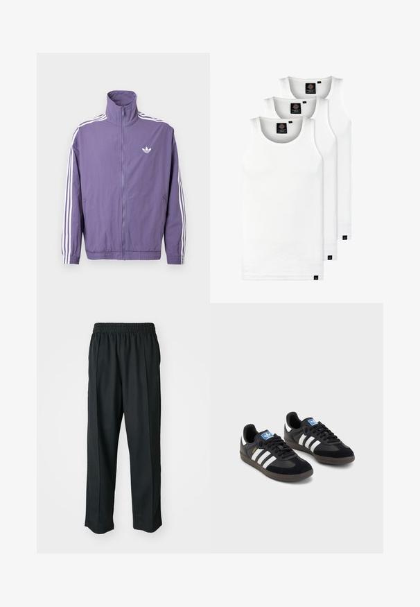 Purple zip-up jacket with high collar, white three-stripe accents on sleeves, and small white logo on the left chest. Polyester material.; Three white ribbed tank tops made of cotton. Features a crew neck and small black labels near the hem. Available in multiple sizes.; Black athletic pants with an elastic waistband, made of smooth fabric, featuring subtle side stitching and a relaxed fit, straight leg design.; Black sneakers with a suede and synthetic upper, featuring three white stripes, textured rubber sole, and blue logo tag on the tongue.