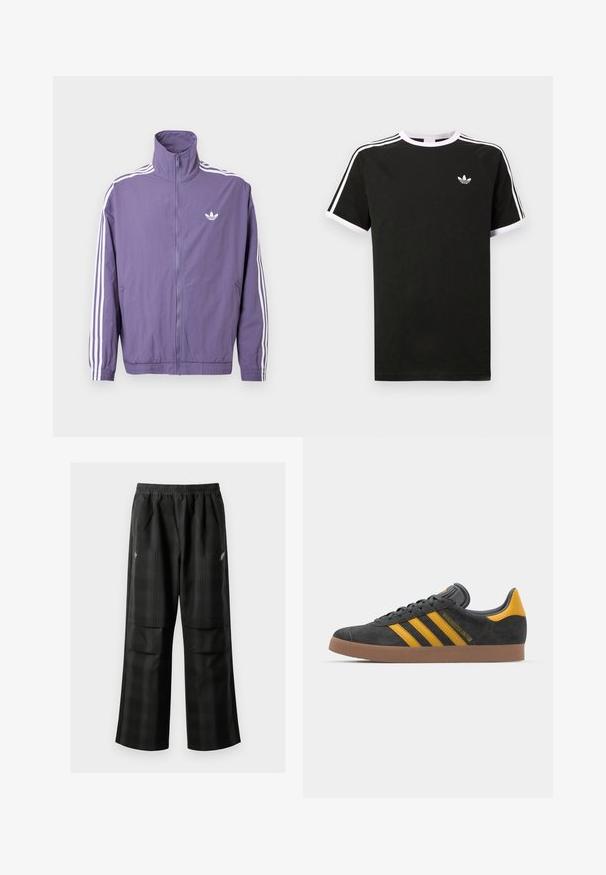 Fioletowa kurtka na zamek z wysokim kołnierzem, białe trzy paski na rękawach i małe białe logo na lewej piersi. Materiał: poliester.; Czarny t-shirt wykonany z bawełny z białymi akcentami. Posiada krótkie rękawy, fason raglanowy oraz małe logo na klatce piersiowej. Trzy białe paski na ramionach.; Czarne spodnie w kratę z elastycznym pasem, dwoma przednimi kieszeniami i luźnym krojem ze prostymi nogawkami. Wykonane z lekkiego materiału.; Czarne zamszowe sneakersy z żółtymi akcentami, z trzema paskami i brązową gumową podeszwą. Posiadają wyściełany język dla większego komfortu.