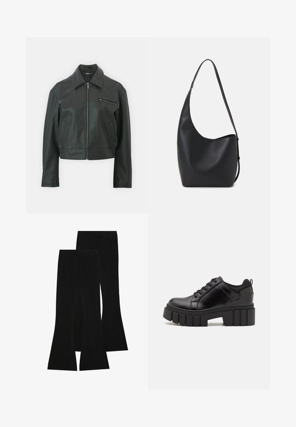 Cazaco de couro preto com gola, fecho frontal e um bolso lateral. Apresenta um design elegante e cropped, além de uma textura suave.; T-shirt de algodão preto com mangas curtas, apresentando um pequeno gráfico de borboleta rosa no lado esquerdo do peito. Design de gola redonda com um corte solto.; Calças pretas largas feitas de tecido elástico, com uma cintura alta e uma textura suave, apresentando um design ajustado que se alarga a partir do joelho.; Sapatos de plataforma em couro preto com um salto bloco robusto, bico redondo e design clássico de atacadores. Apresentam uma textura suave e detalhes mínimos.; Saco hobo preto em pele com uma textura lisa, forma curva e uma única alça ajustável; apresenta uma abertura larga na parte de cima.