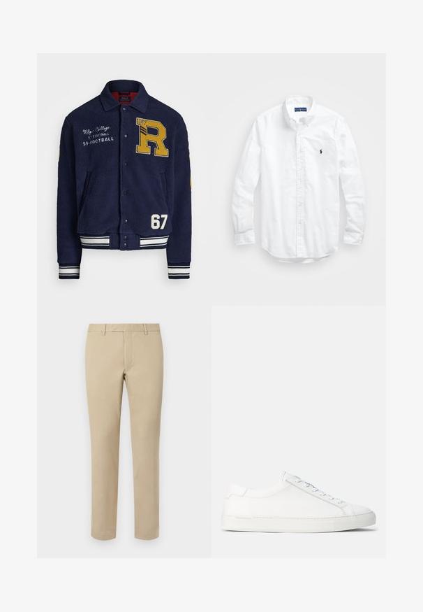 Polo Ralph Lauren Polárdzseki - cruise navy; Fehér, hosszú ujjú, gombos férfiing pamutból. Klasszikus gallérral, gombos mandzsettával és egy kis sötétkék hímzett logóval a mellrészen.; Beige vászon nadrág egyenes szabással, övhurkokkal, lapos elülső résszel és kifinomult szegésekkel. Simább textúra és minimális részletezés.; Fehér bőr sportcipő sima felülettel, lekerekített formával, lapos gumitalppal és fehér fűzőkkel. Minimalista dizájnnal és diszkrét márkajelzéssel rendelkezik.