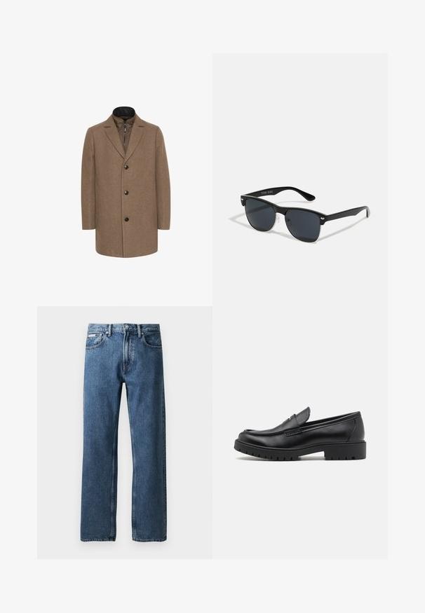 Matinique TRACE - Cappotto corto - walnut; Maglione a collo alto nero realizzato in morbido materiale knit. Presenta maniche lunghe, colletto e orlo a costine. Design semplice e lineare senza motivi.; Jeans in denim blu a gamba dritta con vita alta, chiusura a bottone e zip, tasche frontali e un piccolo etichetta bianca del marchio sulla tasca destra.; Mocassini in pelle nera con punta arrotondata, design senza lacci e suola in gomma spessa con battistrada testurizzato. Tacco elevato e dettagli di cucitura discreti.; Occhiali da sole neri con forma rettangolare, lenti scure, dettagli in argento alle tempie e finitura opaca sulla montatura.; Borsa a tracolla nera realizzata in tessuto resistente, dotata di due lunghe maniglie, spallacci regolabili e una tasca frontale. Superficie texturizzata con branding minimale.