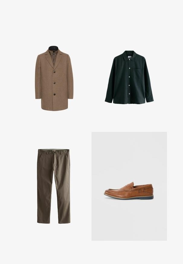 Matinique TRACE - Rövid kabát - walnut; Sötétzöld gombos ing, gallérral, hosszú ujjú, egyetlen mellzsebbel; fehér gombokkal és puha tapintással rendelkezik.; Barna pamut chinos nadrág egyenes láb kialakítással, elülső zsebekkel és gombos zárással. Simasága és letisztult vonalai jellemzik.; Barna bőr loafer cipők, lekerekített orral, varrott részletekkel és alacsony gumitalppal. A dizájn egy sávot tartalmaz a felső részen.