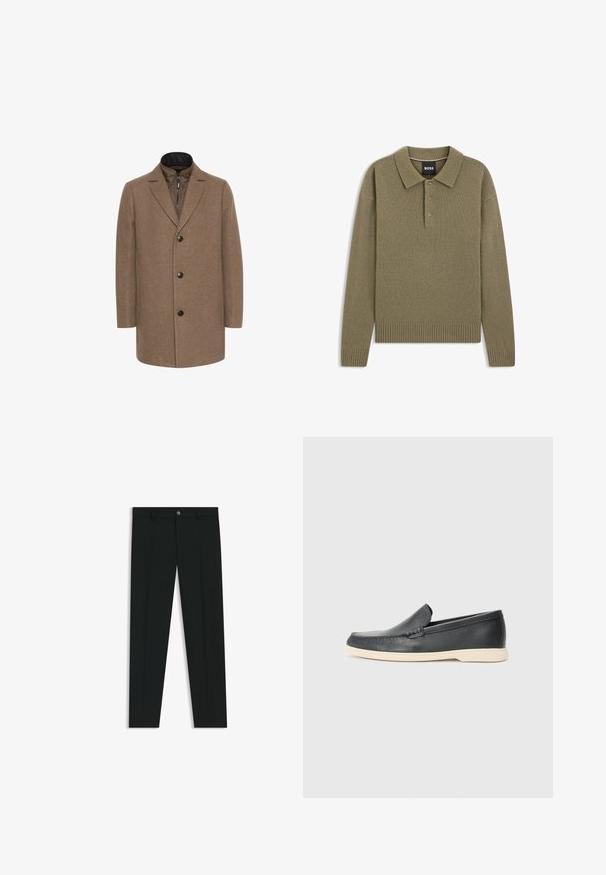 Matinique TRACE - Halflange jas - walnut; Olijfgroene gebreide poloshirt met lange mouwen, een kraag, een placket met drie knopen en geribbelde manchetten en zoom. Zachte textuur over de hele shirt.; Zwarte dresspants met een recht pasvorm, gemaakt van een gladde stof. Heeft een sluiting met een knoop aan de voorkant en ceintuurlussen. Effen zonder patronen.; Zwarte leren instappers met een gestructureerde afwerking en een contrasterende beige rubberen zool. Beschikt over een subtiele accent langs de voorkant.