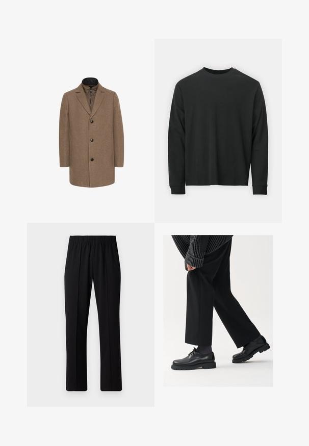 Matinique TRACE - Cappotto corto - walnut; Maglietta nera a maniche lunghe in cotone, con scollatura rotonda, vestibilità ampia e polsini a costine. Texture liscia senza motivi visibili.; Pantaloni neri con vita elasticizzata e design a gamba dritta, caratterizzati da una texture liscia e senza motivi o hardware visibili.; Scarpe in pelle nera con punta arrotondata, design con lacci e suola spessa e texture. Indossate con pantaloni neri su misura e un maglione a coste.