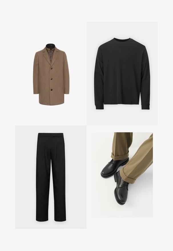 Matinique TRACE - Krátky kabát - walnut; Čierne tričko s dlhým rukávom vyrobené z bavlny, s okrúhlym výstrihom, vo voľnom strihu a rebrovanými manžetami. Hladká textúra bez viditeľných vzorov.; Čierne nohavice vyrobené z hladkej tkaniny, s rovnými nohavicami, dvoma prednými skladmi a štandardným pásom s pútkami na opasok.; Čierne kožené vychádzkové topánky s hladkým povrchom, s šnúrkami a zaoblenou špicou, skombinované s vyhrňovaný khaki nohavicami.