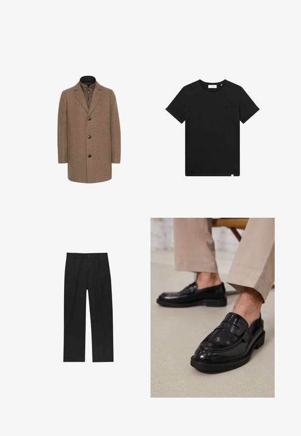 Matinique TRACE - Kratki kaputi - walnut; Crna kratka majica s kratkim rukavima od pamuka, s okruglim izrezom i malim logotipom izvezenim na prsima. Glatka tekstura, standardni kroj.; Crne hlače ravnog kroja, izrađene od glatkog materijala. Imaju prednje nabore i jedan dugme na struku.; Crne kožne mokasine s glatkom obradom, koje imaju dekorativnu traku i kontrastnu šav, u kombinaciji s bež hlačama.