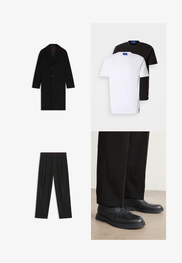 Black wool coat featuring a notched collar, three front buttons, two large pockets, and a slight A-line silhouette.; Two T-shirts stacked: one white and one black. Short sleeves, round necklines, cotton fabric. Features a small blue logo at the neckline.; Black trousers with a pleated design, wide leg shape, and a smooth texture. Features a red waistband tag.; Black leather shoes with a rounded toe, flat sole, and minimal detailing. Paired with tailored black pants, showing smooth texture.