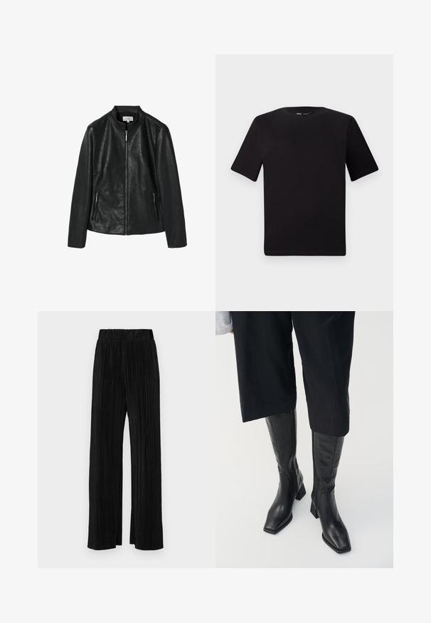 Schwarze Kunstlederjacke mit rundem Kragen, Frontreißverschluss und zwei seitlichen Reißverschlusstaschen. Glatte Textur, strukturierter Schnitt, keine sichtbaren Muster.; Schwarzes T-Shirt mit kurzen Ärmeln und Rundhalsausschnitt, aus weichem Baumwollmaterial gefertigt. Schlichtes Design, keine sichtbaren Logos oder Muster.; Schwarze plissierte Hose mit elastischem Bund. Verfügt über weite Hosenbeine und einen glatten, strukturierten Stoff mit vertikalen Streifen.; Schwarze Lederstiefel bis zum Knie mit quadratem Zehen und Blockabsatz. Mit einem seitlichen Reißverschluss und glatter Textur.
