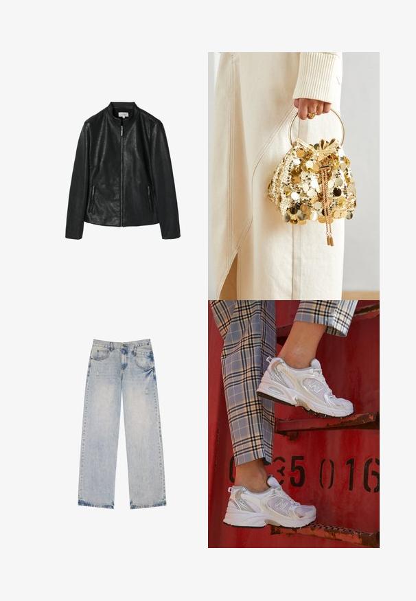 Zwarte neplederen jas met een ronde kraag, een rits aan de voorkant en twee zijzakken met rits. Stevige textuur, gestructureerd ontwerp, geen zichtbare patronen.; Zwarte longsleeve top van zacht materiaal, met een gedrapeerd ontwerp en een kruislings front en een boot halslijn. Soepele textuur, cropped lengte.; Lichtblauwe spijkerbroek met een recht model, voorzien van versleten accenten, vijf zakken en zichtbare stikseldetails.; Witte mesh sneakers met zilveren accenten en een gestructureerde zool, gepositioneerd op een rode ondergrond, gecombineerd met gestreepte broek.; Gouden pailletten trekkoord handtas met een ronde handgreep, versierd met glanzende ronde pailletten en een gemêleerde stof. Afmetingen zijn niet opgegeven.