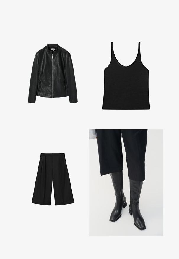 Czarna kurtka z imitacji skóry z okrągłym kołnierzem, zamkiem z przodu i dwoma bocznymi kieszeniami na zamek. Gładka tekstura, ustrukturyzowany fason, brak widocznych wzorów.; Czarny top na ramionczkach z miękkiego materiału, z zaokrąglonym dekoltem i cienkimi ramiączkami. Prosty, krótki fason z czystymi brzegami i bez wzorów.; Czarne szerokie spodnie o kroju culotte z plisami i szlufkami na pasek, wykonane z gładkiej tkaniny.; Czarne skórzane botki do kolan z kwadratowym noskiem i blokowym obcasem. Wyposażone w zamek błyskawiczny z boku oraz gładką teksturę.