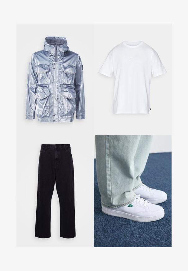 Silberne wasserdichte Jacke mit Reißverschluss, verstellbare Kapuze und vier Fronttaschen. Verfügt über eine glänzende Textur und Druckknöpfe.; Weißes Baumwoll-T-Shirt mit kurzen Ärmeln und Rundhalsausschnitt. Verfügt über ein kleines, dezentes Nike-Logo auf der Brust und ein seitliches Etikett.; Schwarze Jeanshose mit geradem Bein, ausgestattet mit einem Knopf- und Reißverschluss, Gürtelschlaufen und minimalen Nähdetails.; Weiße Leder-Sneaker mit grünem Nike-Logo, runde Zehenpartie, flache Sohle, kombiniert mit hellblauen Jeans, präsentiert auf einem blauen Teppich.