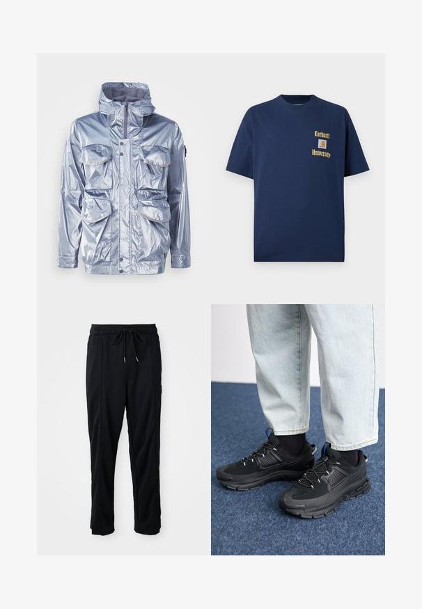 Sidabrinė vandeniui atspari striukė su užtrauktuku, reguliuojama kapuce ir keturiomis priekinėmis kišenėmis. Pasižymi blizgia tekstūra ir spaustukais.; Tamsiai mėlyna medvilninė marškinėliai trumpomis rankovėmis, su auksiniu tekstu "Carhartt University" ir logotipo siuviniu kairėje krūtinės pusėje.; Juodos laisvos kelnės su raišteliu liemens, šoninėmis kišenėmis ir tiesiu kirpimu ant vienodos fono.; Juodi sportiniai bateliai su tekstūruota medžiaga ir guminiais padais, su elastingomis raišteliais ir mėlynu akcentu ant kulno. Dėvimi su šviesiai mėlynomis džinsinėmis kelnėmis.