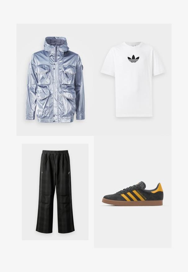 Ezüst vízálló dzseki cipzárral, állítható kapucnival és négy elülső zsebbel. Fényes felületű és patentos záródású.; Fehér pamut póló, középen fekete Adidas logóval. Rövid ujjú és kerek nyakú kialakítással. Sima textúra.; Fekete kockás nadrág, rugalmas derékkal, két elülső zsebbel és laza, egyenes szárú fazonnal. Könnyű anyagból készült.; Fekete velúrbőr sportcipő sárga díszítéssel, három csíkkal és barna gumitalppal. Párnázott nyelvével a kényelem érdekében.