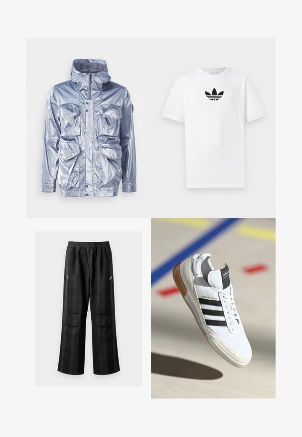 Ezüst vízálló dzseki cipzárral, állítható kapucnival és négy elülső zsebbel. Fényes felületű és patentos záródású.; Fehér pamut póló, középen fekete Adidas logóval. Rövid ujjú és kerek nyakú kialakítással. Sima textúra.; Fekete kockás nadrág, rugalmas derékkal, két elülső zsebbel és laza, egyenes szárú fazonnal. Könnyű anyagból készült.; Fehér Adidas Mundial Goal sneaker fekete csíkokkal és gumitalppal, a levegőben egy sportpálya padlóján látható, színes vonalakkal.