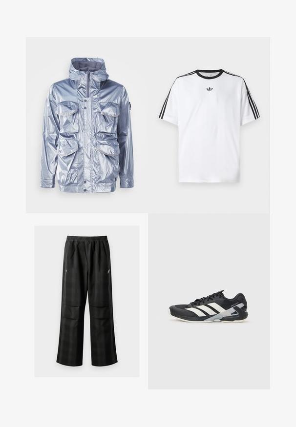 Sølv vanntett jakke med glidelås, justerbar hette og fire frontlommer. Har en blank tekstur og trykknapper.; Hvit T-skjorte laget av bomull, med svart rund hals og tre svarte striper på hver skulder. Liten svart logo på brystet.; Svarte rutete bukser med elastisk midje, to frontlommer og løs passform med rett ben-design. Laget av lett materiale.; Svart treningssko med hvite striper, mesh-overdel, avrundet tå og polstret såle. Har en teksturert hæl og et sikkert snøresystem.
