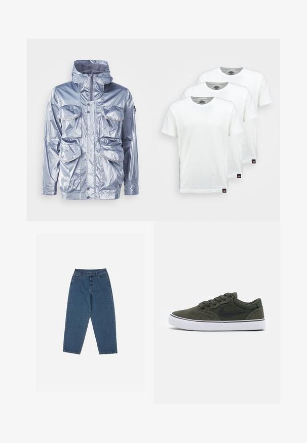 Ezüst vízálló dzseki cipzárral, állítható kapucnival és négy elülső zsebbel. Fényes felületű és patentos záródású.; Három sima fehér pamut póló rövid ujjakkal. Mindegyik pólón kerek nyakkivágás található, és a bal oldalon egy kis fekete logó címke van.; Kék farmernadrág, laza szabással, magas derékkal, öt zsebes kialakítással és varrási díszítésekkel. Gombos és cipzáros záródással rendelkezik.; Zöld suede sportcipő fekete részletekkel és fehér gumitalppal; fűzőkkel, párnázott nyakkal és oldalán logóval rendelkezik. Sima textúra, alacsony fazon.