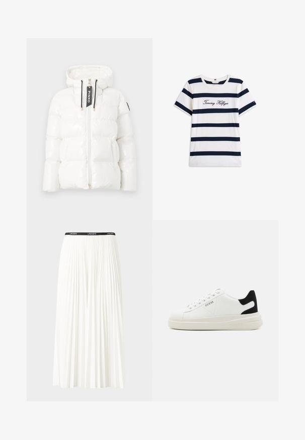 Biely páperový kabát s lesklým povrchom, odnímateľnou kapucňou, zipsom a čiernymi šnúrkami. Obsahuje označenie značky a vypchávkové sekcie.; Bavlnené tričko s horizontálnymi námorníckymi pruhmi na bielom pozadí. "Tommy Hilfiger" vyšívané kurzívou na hrudi. Okrúhly výstrih.; Plisovaná biela sukňa s čiernym elastickým pásom s logom "LACOSTE". Sukňa je stredne dlhá a má mäkkú textúru.; Biele kožené tenisky s hrubou bielou podrážkou, čiernym zamekom na päte a vyrazeným logom na boku. Šnurovací dizajn so šiestimi očkami.