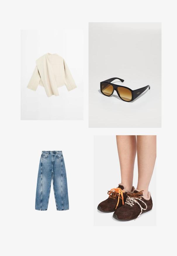 Beige tekstureret jakke med løs pasform, der har et enkelt panel hængende over den ene skulder og brede ærmer, minimale sømme og ingen lukninger.; Grå cropped sweater lavet af blødt, fuzzy materiale. Har lange ærmer og en rund halsudskæring med en glat, let tekstur.; Hvid kortærmet T-shirt lavet af blød bomuld, med rund halsudskæring og en afslappet pasform med omfoldede kantdetaljer. Ingen mønstre eller accenter.; Lysblå denim jeans har en afslappet pasform, store lommer og kontrasterende syninger. Stoffet har en falmet finish med en glat overflade.; Brune ruskinds slipsko med pelsfoder, båret uden sokker, med forskelligfarvede snørebånd: et orange og et hvidt med sorte striber.; Sorte rektangulære solbriller med brune gradientlinser. Lavet af plast, med en glat overflade og et diskret guld logo på stangen.