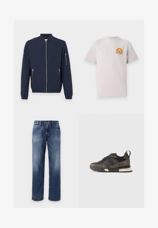 Giacca bomber blu navy con zip frontale, tasche con zip sui lati, tasca con zip sul manico sinistro, polsini e colletto a coste.; T-shirt in cotone grigio chiaro con collo a giro, caratterizzato da una grafica colorata "Lone Château Replay" in arancione e blu sul petto.; Jeans da uomo in denim blu con design a gamba dritta, leggera scoloritura, cinque tasche e chiusura con bottone.; Replay FIELD JUPITER CRAFT - Sneakers basse - black/dark grey