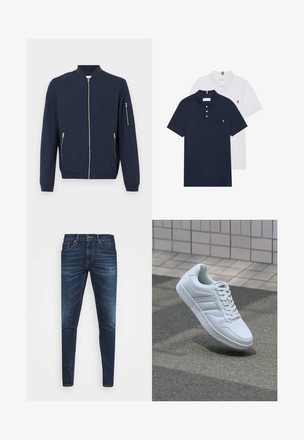 Giacca bomber blu navy con zip frontale, tasche con zip sui lati, tasca con zip sul manico sinistro, polsini e colletto a coste.; Due polo shirt: uno blu navy e uno bianco, entrambi con un piccolo accento rosso, bianco e blu sulla tasca del petto e sul colletto.; Jeans in denim blu scuro con vestibilità slim, leggero sbiadito, cinque tasche e chiusura con bottone in metallo. Dettagli cuciti in un colore a contrasto.; Sneaker sportivo bianco con tomaia in pelle liscia, chiusura con lacci, punta perforata e suola decorata. Design minimalista con tre strisce laterali.