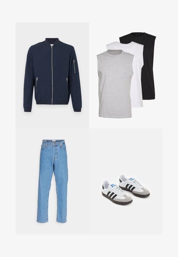 Tengerészkék bomber dzseki elülső cipzárral, oldalsó cipzáras zsebekkel, bal ujjon cipzáras zsebbel, bordázott mandzsettákkal és gallérral.; Három ujjatlan póló szürke, fehér és fekete színben. Puha pamut anyag, kerek nyakkivágással és laza szabással. Egyszerű dizájn, minta nélkül.; Világoskék, magasan ültetett, egyenes szabású farmernadrág elülső gombbal, cipzáras záródással, övhurkokkal és öt zsebes kialakítással, fehér háttérrel.; Fehér bőr felsőrészes sportcipő, szürke velúrból készült orral és három fekete csíkkal. Jellemzője a kék logó a nyelvén és egy texturált gumitalp.