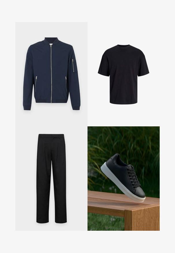 Marineblaue Bomberjacke mit Frontreißverschluss, Reißverschlusstaschen an den Seiten, Reißverschlusstasche am linken Ärmel, gerippte Bündchen und Kragen.; Schwarzes Baumwoll-T-Shirt mit Rundhalsausschnitt, kurzen Ärmeln und lässiger Passform. Glatte Oberflächenstruktur und keine sichtbaren Muster oder Akzente.; Schwarze Hose aus glattem Stoff, mit geradem Bein Design, zwei vorderen Falten und einem Standardbund mit Gürtelschlaufen.; Schwarze Leder-Sneaker mit glatter Oberfläche, weißer Gummisohle und sechs Ösen für Schnürsenkel, auf einer Holzfläche präsentiert.