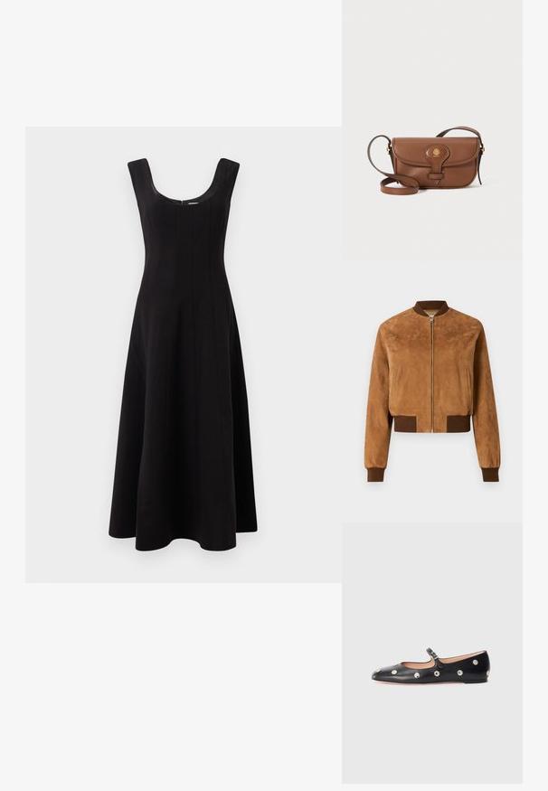Kappet, brun suedebomberjakke med frontlynlås, ribbet brune manchetter og sidelommer, som har en glat tekstur.; Sort kjole med bådudskæring, ærmeløs design og en flared A-line silhuet. Har lodret sømdetaljer for struktur.; Sorte læder Mary Jane flad sko med en rund tå, udstyret med sølvfarvede runde nitter og en justerbar rem med spænde.; Brun læder crossover-taske med en buet klap, guldfarvet hardware og et dekorativt logo. Stroppen er justerbar og har en glat tekstur.