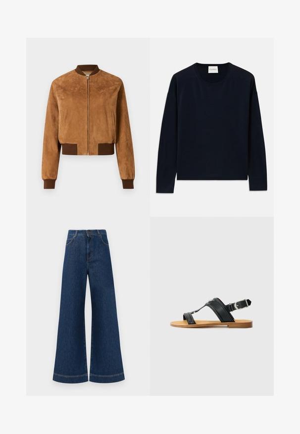 Lühendatud, pruun nubukist bomber-jakk, millel on esi tõmblukk, soonikud pruunides varrukates ja küljetaskud, omab siledat tekstuuri.; Tumesin pikkade varrukatega ümar kaelusega topp pehmest ja siledast kangast, mis on mugava lõikega. Omab soonikuid mansetil ja servas, silt kaela piirkonnas.; Laia siniste denim pükste suur jalg, kõrge vöökoht, nupuga kinnitamine, vöökohad ja peened õmblusdetailid taskute ja äärte ääres.; Mustad mustad nahast sandaal reguleeritava pandlaga, lame pruuni tallaga, ja kaks laia rihma, mis ületavad jalga, minimalistik disain.