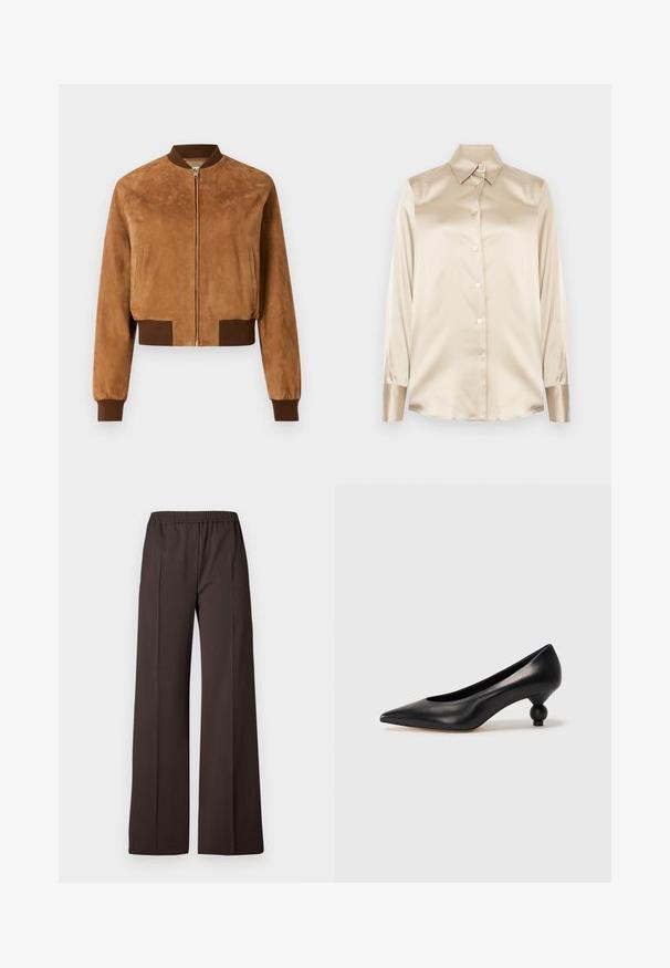 Geknipte, bruine suede bomberjack met een ritssluiting aan de voorkant, ribbelige bruine manchetten en zijzakken, met een gladde textuur.; Beige satijnen shirt met een puntige kraag, lange mouwen, knoopsluiting en manchet in een iets glanzender afwerking. Geen patronen of accenten.; Wijdvallende broek in donkerbruin stof met een elastische tailleband, voorzien van een gladde textuur en scherpe lijnen voor een verzorgd uiterlijk.; Zwarte leren hoge hak schoen met een spitse neus en een ronde, bolle hak. Gladde textuur met een elegant, minimalistisch ontwerp.