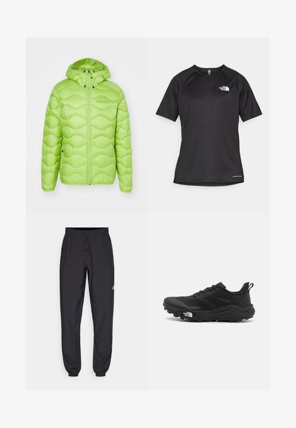 Peak Performance HELIUM HOOD JACKET - Puhovka - stand out green; Črna kratko rokavna športna majica iz teksturirane tkanine, z belim logotipom na levem prsnem delu in ravnim robom.; Črne atletske hlače iz lahkega materiala, ki imajo elastični pas z vezalko, stranske žepe in zožene manšete na gležnjih.; Črne tekaške čevlje za trail s teksturirano zgornjega dela, gumijastim podplatom in ojačanim zaključkom prstov. Vključuje oblazinjen ovratnik in zanko za enostavno obuvanje.