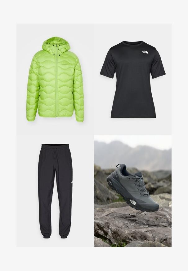 Peak Performance HELIUM HOOD JACKET - Tollkabát - stand out green; Fekete, rövid ujjú póló, könnyű, nedvességelvezető anyagból készült. Bal oldalon fehér logóval rendelkezik, és kerek nyakú.; Fekete sportnadrág, könnyű anyagból készült, húzózsinóros derékkal, oldalsó zsebekkel és szűkített szárakkal a bokáknál.; Szürke terepfutó cipő, texturált felsőrésszel, tartós gumitalppal és megerősített orr résszel. Fekete fűzők és márka logó a cipő oldalán.