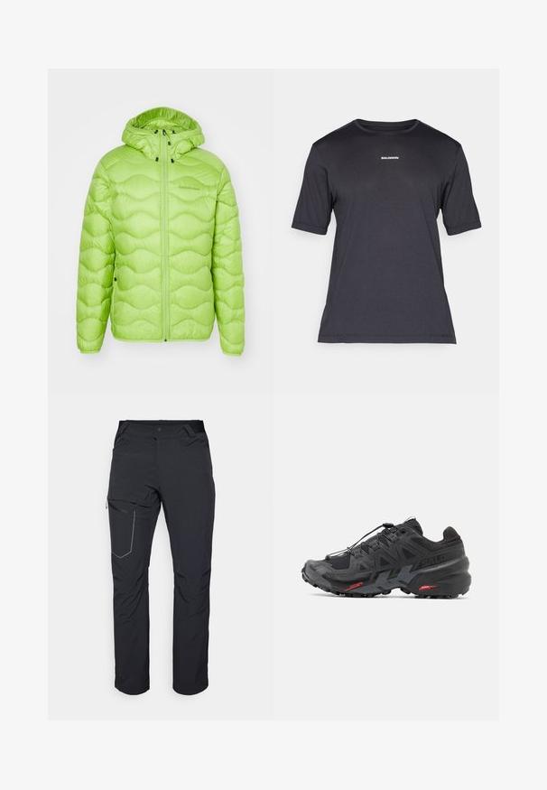 Peak Performance HELIUM HOOD - Jakna ispunjena paperjem - stand out green; Crna kratkotrajna majica za performanse s kratkim rukavima, napravljena od prozračnog materijala, s okruglim izrezom i malim bijelim logotipom "SALOMON" na prsima.; Crne vanjske hlače s patentnim zatvaračem na butu, elastičnim pojasom i glatkim, vodootpornim materijalom. Čist dizajn bez vidljivih logotipa.; Crne trkaće tenisice s sintetičkom gornjom stijenkom, teksturiranim dizajnom i kontrastnim crvenim detaljima. Imaju sustav vezanja za sigurno uklapanje i robustnu potplat.