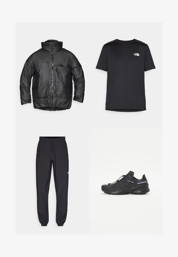 Jaqueta preta isolada com um colarinho alto, fecho frontal por zip e múltiplos bolsos com fecho zip. Feita de tecido liso e brilhante com um corte solto.; T-shirt preto de manga curta feito de um tecido leve. Apresenta um pequeno logo branco ao lado esquerdo do peito e detalhes subtis nos ombros.; Calças atléticas pretas feitas de tecido leve, com um cós ajustável por cordão, bolsos laterais e punhos afunilados nos tornozelos.; Sapatilha de trail running preta com um upper texturizado, atacadores elásticos e sola Contagrip. Apresenta um ajuste confortável e uma biqueira protetora.