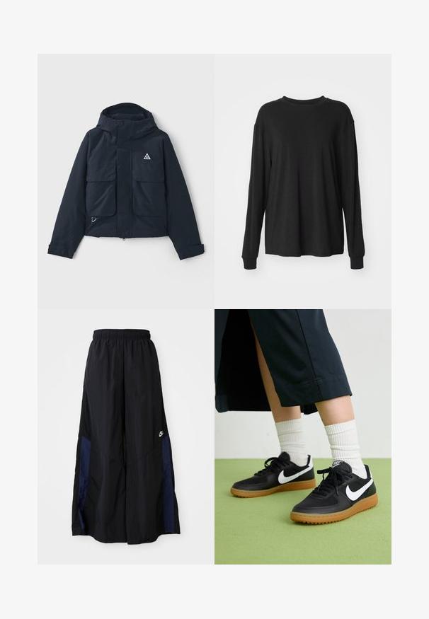 Jūras zilas krāsas jaka ar kapuci, divām lielām priekšējām kabatām un trīsstūrveida logotipu. Gluda tekstūra ar rāvējslēdzēju un regulējamiem piedurkņu galiem.; Melna gara piedurkņu T-krekls ar apaļu kakla izgriezumu, kritušām plecu šuvēm un mīkstu, gludu tekstūru. Vienkāršs dizains bez redzamām rakstām vai akcentiem.; Melni plata kāju bikses no viegla auduma, ar tumši zilu sānu paneli un elastīgu jostu. Mazs balts logotips apakšā.; Melna āda un sintētiska materiāla sporta apavi ar baltu Nike logo, gumijas zole, apaļa purngala forma un melni šņores. Redzamas ribotas baltas zeķes.