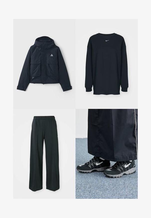 Tamsiai mėlyna striukė su gobtuvu, dviem didelėm priekinėm kišenėm ir trikampiu logotipu. Lygaus paviršiaus, su užtrauktuku ir reguliuojamais rankogaliais.; Juodas ilgam rankovėms marškinėlis, pagamintas iš medvilnės, su apvalia iškirpte. Krūtinėje yra baltas Nike logotipas. Minkšta tekstūra, paprastas dizainas.; Juodos, plačios sportinės kelnės su elastingu juosmeniu. Pagamintos iš lygaus, tampraus audinio, su subtiliomis priekinėmis siūlėmis ir be kišenių.; Juodi sportiniai bateliai su tekstūruota viršutine dalimi, sidabriniais akcentais ir raštuotu padu, derinami su juoda ilga apranga. Fonas - mėlynas kilimas.