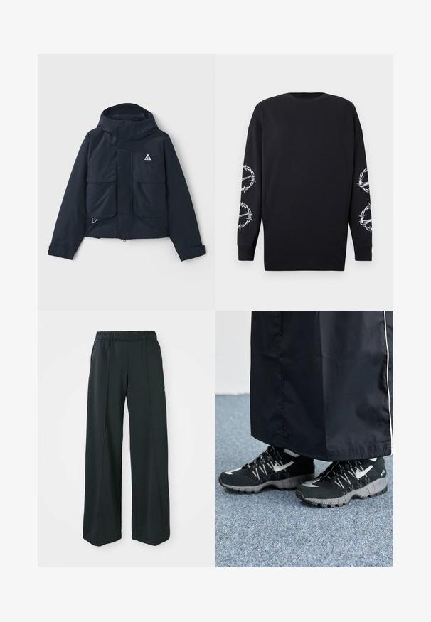 Navy blue jacket featuring a hood, two large front pockets, and a triangular logo. Smooth texture with a zip closure and adjustable cuffs.; Black long-sleeve shirt with round neckline, featuring white barbed wire and thorns graphics on both sleeves.; Black, wide-leg athletic pants with an elastic waistband. Made from smooth, stretchy fabric, featuring subtle front seams and no pockets.; Black athletic shoes with a textured upper, silver accents, and a patterned outsole, paired with a black long garment. Set against blue carpet.