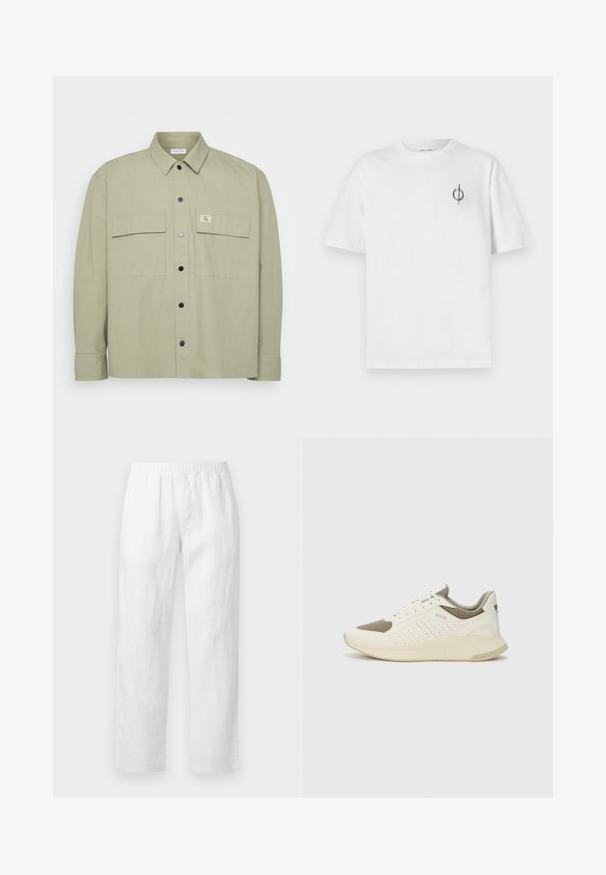 Hellgrünes Hemd aus weichem Stoff mit Knöpfen. Verfügt über zwei große Brusttaschen und ein CK-Logo-Patch. Schwarze Druckknöpfe runden das Design ab.; Weißes Baumwoll-T-Shirt mit lockerer Passform, das ein kleines schwarzes Grafiklogo auf der linken Brustseite aufweist. Kurze Ärmel, Rundhalsausschnitt.; Weiße Leinenhose mit elastischem Bund, geradem Bein und weicher Textur ohne sichtbare Muster oder Verzierungen.; Weiße und hellbeige Sport Sneakers, ausgestattet mit einem Obermaterial aus Netzgewebe, perforierten Details und einer strukturierten Zwischensohle mit Branding an der Ferse.
