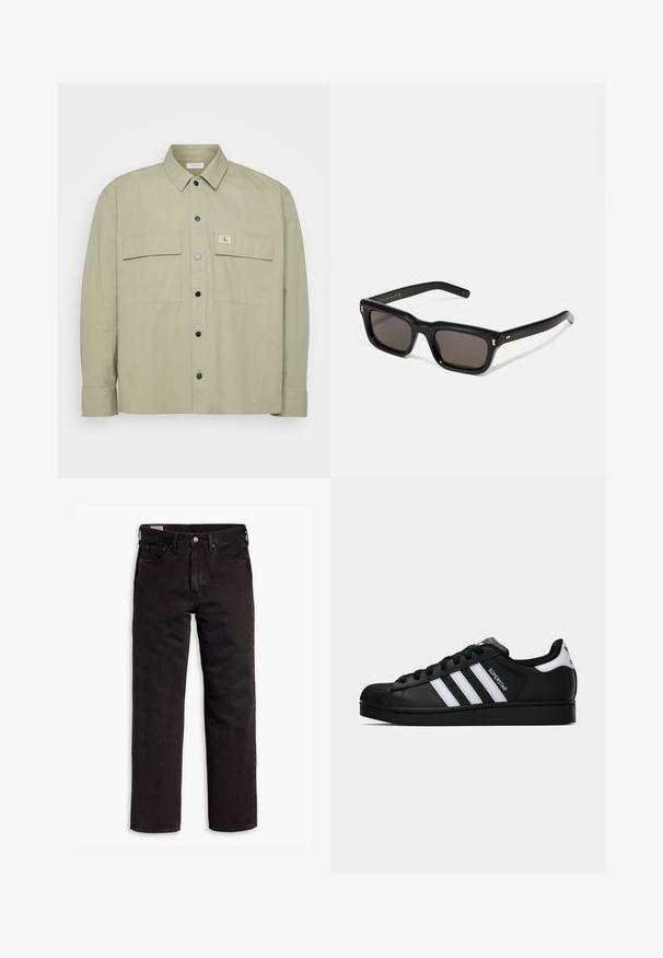 Light green button-up shirt made from soft fabric. Features two large chest pockets and a CK logo patch. Black snap buttons complete the design.; Long-sleeve white t-shirt made of soft cotton. Crew neckline with straight cut hems and no visible patterns or graphics.; Black straight-leg denim jeans with five pockets, button closure, and belt loops, laid flat on a white background.; Black Adidas Superstar sneaker with white stripes, shell toe, and "Superstar" text on side, shown in side profile on white background.; Black rectangular sunglasses with dark lenses, thick plastic frame, gold accents on temples, and brand logo engraved on the arm.