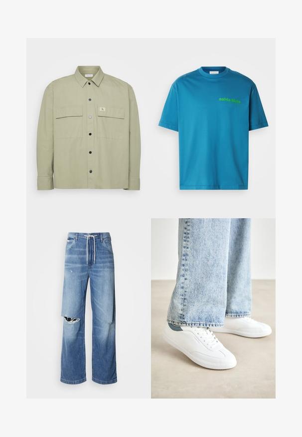 Cămașă verde deschis, cu butoni, dintr-un material moale. Are două buzunare mari pe piept și un patch cu logo-ul CK. Butoanele negre cu prindere tip snap completează designul.; Tricou din bumbac turquoise, cu guler rotund, mâneci scurte, având un logo verde "calvin klein" imprimat pe față. Textură netedă.; Blugi din denim de culoare albastru deschis, cu o croială lejeră, având un cordon alb la talie și rupturi distincte în față, arătând margini destrămate.; Adidași albi din material neted, cu un design cu șireturi, talpă din cauciuc texturat și un accent verde la călcâi, asortați cu blugi bleu deschis.