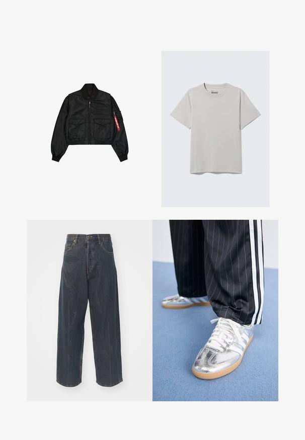Bomber nero corto in materiale satinato con colletto rotondo, due tasche frontali e una tasca con zip laterale con una linguetta rossa.; T-shirt in cotone grigio chiaro con scollatura rotonda e maniche corte, caratterizzato da un design minimalista e una vestibilità rilassata. Senza motivi o accenti.; Jeans in denim blu scuro a gamba ampia con una sottile texture strappata, cinque tasche e una chiusura classica con bottone e zip in vita.; Sneakers metallici argentati con lacci bianchi e tre strisce bianche, abbinati a pantaloni neri a righe sottili. Accent legato alla suola in gomma.