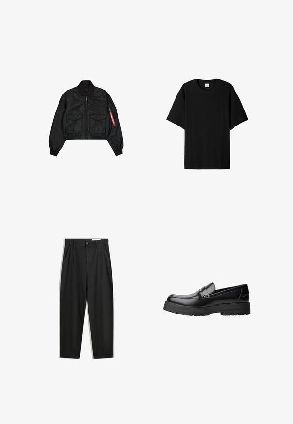 Zwarte cropped bomberjack van satijnachtig materiaal met ronde kraag, twee voorzakken en een zijrits zak met een rood label.; Zwarte geribde T-shirt met korte mouwen en een ronde hals, met een relaxte pasvorm en een gestructureerd oppervlak. Eenvoudig ontwerp; geen graphics of accenten.; Zwarte katoenen broeken met een losse pasvorm, voorzien van een klassieke tailleband, voorplooien en zijzakken. Gladde structuur zonder patronen.; Zwarte leren loafer met een chunky profielzool en een decoratieve band over de bovenkant, weergegeven in het linkerzijprofiel op een witte achtergrond.