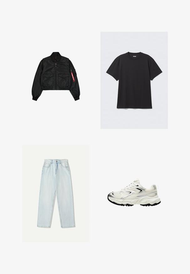 Fekete, szaténszerű anyagból készült rövidített bomber dzseki, lekerekített nyakkal, két első zsebbel és egy oldalsó cipzáras zsebbel, amelyen piros fül található.; Fekete, rövid ujjú póló, pamutból készült. Kerek nyakkivágással és laza szabással rendelkezik. Egyszerű dizájn, melyen nincsenek minták vagy díszítések.; Világoskék farmernadrág, laza szabással, egyenes szárú kialakítással, öt zsebes stílussal és finom elhalványulással az anyagon.; Fehér sneaker hálós felsőrésszel, ezüst kiegészítőkkel, fekete talppal és textúrázott panelek nélkül. Fűzhető kialakítással és kerek orral rendelkezik.