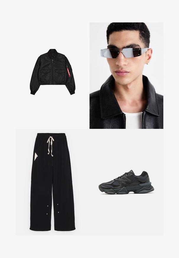 Zwarte cropped bomberjack van satijnachtig materiaal met ronde kraag, twee voorzakken en een zijrits zak met een rood label.; Zwarte T-shirt met korte mouwen, gemaakt van katoen, met een ronde halslijn en een ontspannen pasvorm. Gladde textuur met minimale stikdetails.; Zwarte wijde broek van zachte stof met een trekkoord in de taille, zijzakken en een driehoekige accentzak. Inclusief zilveren hardwaredetails.; Zwarte hardloopschoen met een mix van mesh en synthetische materialen, een stevige zool, gebogen ontwerp en prominente branding op de zijkant.; Hoekige, grijsgetinte zonnebril met zilveren accenten, tegen een lichte achtergrond. De lenzen hebben een unieke geometrische vorm.
