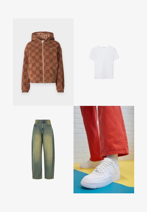 Smeđi karirani dukserica s patentnim zatvaračem, kapuljačom, elastičnim manžetama i prednjim džepovima.; Bijela majica kratkih rukava izrađena od mekanog materijala. Ima okrugli izrez i jednostavan, čist dizajn s ravnim rubom.; Široke traperice svijetloplave boje s izbljeđenom teksturom. Imaju pet džepova i visoki struk. Čista rub i suptilni detalji šavova.; Bijele kožne tenisice s perforiranim prednjim dijelom, teksturiranim đonom i bijelim vezicama, u kombinaciji s širokim crvenim hlačama i plavo-žutom pozadinom.