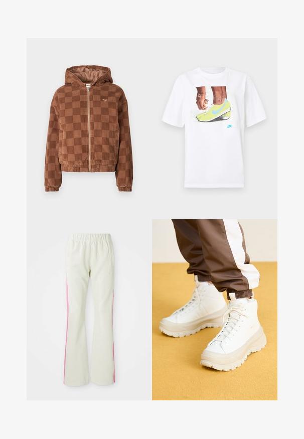 Jachetă din corduroy cu carouri maro, cu fermoar și glugă, manșete elastice și buzunare frontale.; Tricou alb din bumbac, prezentând un grafic cu picioare încălțate în ghete Nike galbene cu accente albastre, asociat cu o brățară pe încheietura stângă.; Pantaloni bej deschis cu talie elastică, având panouri laterale roz și buzunare laterale. Textură netedă cu un design drept.; Tenisi albi înălțați cu o talpă groasă și texturată, având un superior neted, vârf rotund și șireturi tonale, plasati pe un fundal galben.